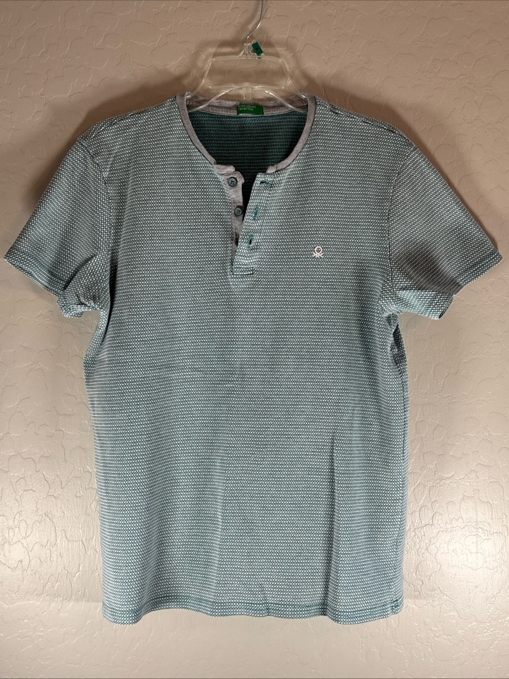 United Colors of Benetton 1/4 Button Mens Large Logo Short Sleeve Shirt Green